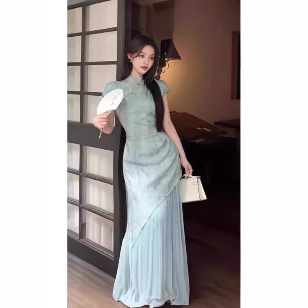 Nuevo vestido cheongsam de manga corta abotonado mejorado de estilo chino para mujer en verano con temperamento de estilo nacional, costura en la cintura, falda larga tipo A