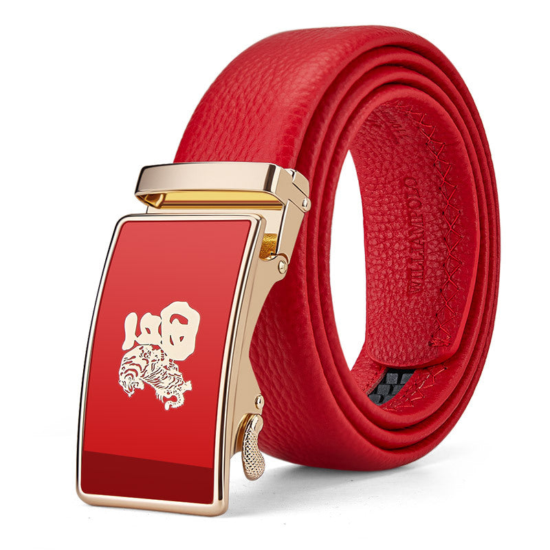Cinturón de hombre del Emperador Pablo: Cinturón de piel de vacuno de primera calidad, rojo de la suerte para el Año Nuevo Chino, cinturón que atrae la riqueza.