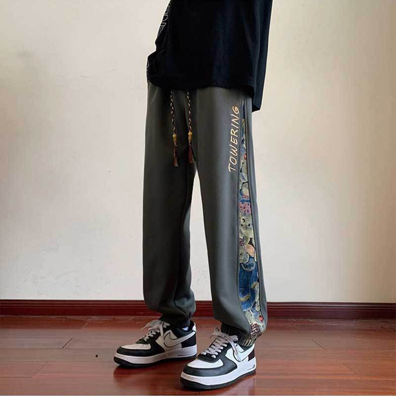 Pantalones casuales bordados de tendencia china para hombre | Edición primavera/otoño | Pantalones deportivos holgados con dobladillo | Pantalones deportivos modernos y versátiles