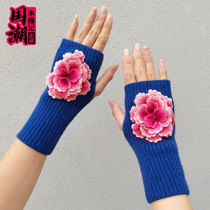 Guantes de lana de medio dedo con flores bordadas estilo chino para mujer, cálidos guantes de punto para pantalla táctil de otoño e invierno, protectores de mangas para escritura.