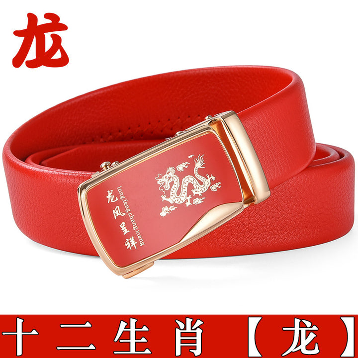 Cinturón de piel con hebilla automática para hombre: piel de vacuno auténtica, 12 animales del zodiaco, color rojo, regalo de boda perfecto.
