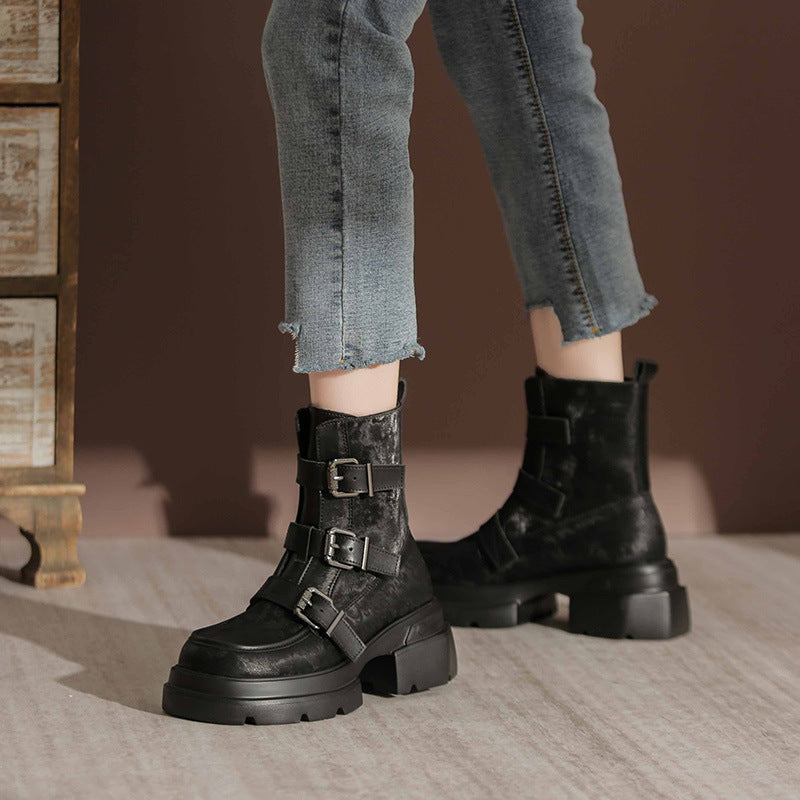 Ge Mei Ni National Trend Martin Boots Women 2024 Genuine Leather Heightening Thick-soled Boots Fashionable All-match Short Boots Women 2208-1