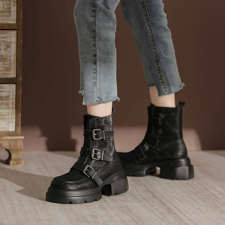 Ge Mei Ni National Trend Martin Boots Women 2024 Genuine Leather Heightening Thick-soled Boots Fashionable All-match Short Boots Women 2208-1
