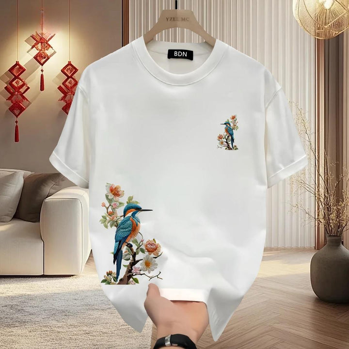 2025 New Year's New Light Luxury Clothes Short Sleeve Creative National Trend Printing Wine Red Men's Half Sleeve T-shirt Men