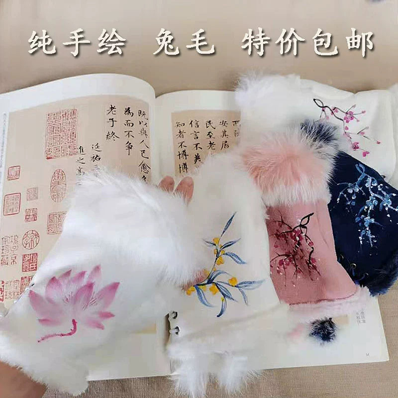 Guantes Qianqian de jade pintados a mano, de piel de conejo, cálidos, de medio dedo, hermosos guantes de invierno de estilo chino para mujer, edición de Navidad y Año Nuevo.