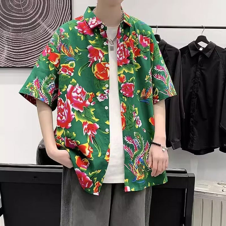 Camisa de manga corta para hombre, tendencia nacional, camisa de flores grandes del noreste, estilo chino, ropa de verano de celebridades de Internet, hermosa camisa de media manga de cinco puntos de pulgadas
