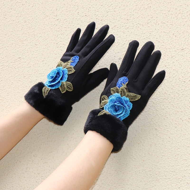 Guantes de dedos completos para mujer: diseño floral bordado étnico de Yunnan con ribete de piel sintética