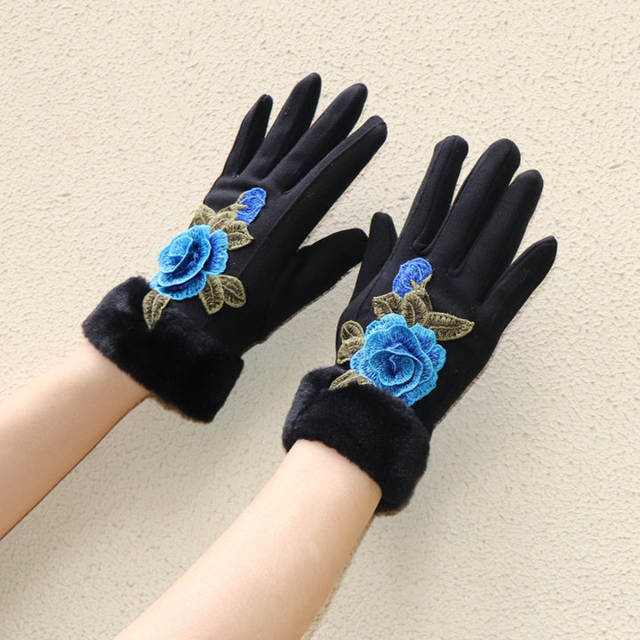 Guantes de dedos completos para mujer: diseño floral bordado étnico de Yunnan con ribete de piel sintética