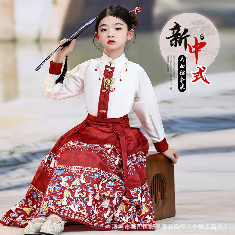 Girls' Hanfu Princess Set | Modernized Ming-Style Ma Mian Skirt | Spring/Autumn Tang-Inspired Chinese Outfit
