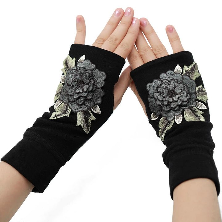 Guantes de medio dedo para mujer, cálidos y resistentes al frío, para conducir en otoño e invierno, guantes de algodón sin dedos de estilo chino con bordado y pantalla táctil, engrosados.