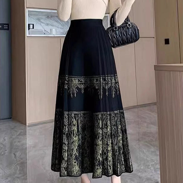 Falda larga de punto de cintura alta y corte A | Falda Mamen bordada estilo chino para otoño/invierno