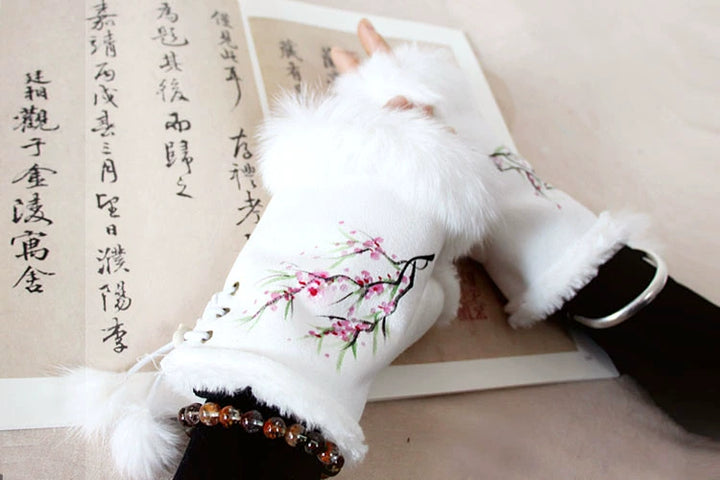 Guantes Qianqian de jade pintados a mano, de piel de conejo, cálidos, de medio dedo, hermosos guantes de invierno de estilo chino para mujer, edición de Navidad y Año Nuevo.