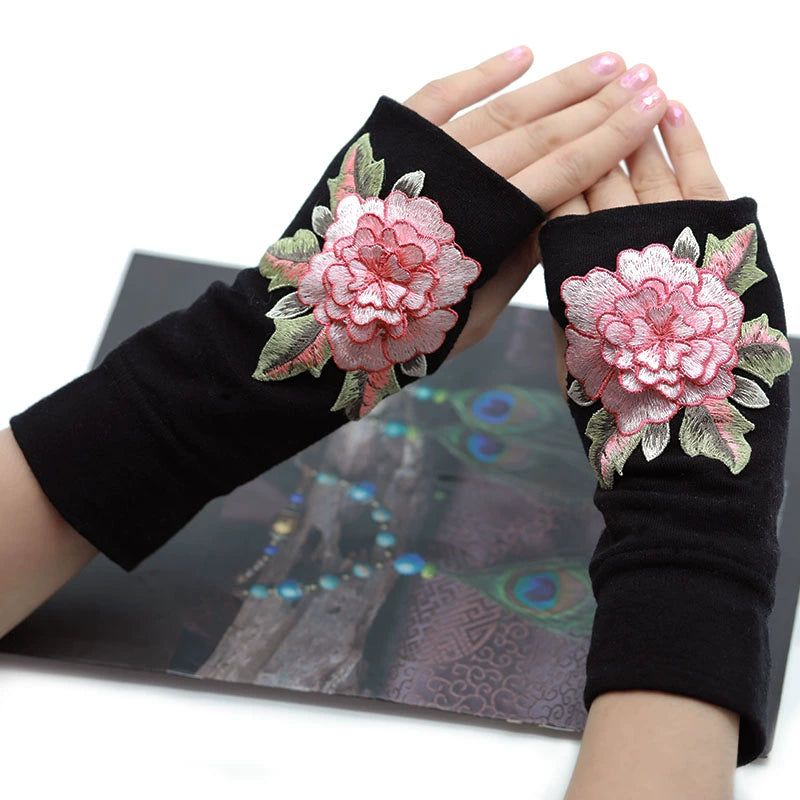 Guantes de medio dedo para mujer, cálidos y resistentes al frío, para conducir en otoño e invierno, guantes de algodón sin dedos de estilo chino con bordado y pantalla táctil, engrosados.
