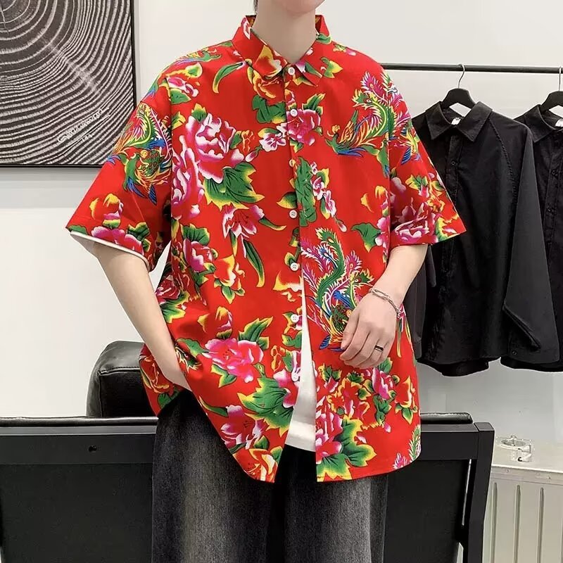 Camisa de manga corta para hombre, tendencia nacional, camisa de flores grandes del noreste, estilo chino, ropa de verano de celebridades de Internet, hermosa camisa de media manga de cinco puntos de pulgadas