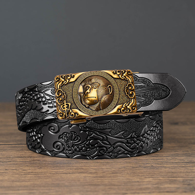 Nueva oferta: Cinturón con hebilla automática del zodiaco y grabado de dragón, de piel de vacuno de doble capa, moderno, informal y con un diseño atrevido.