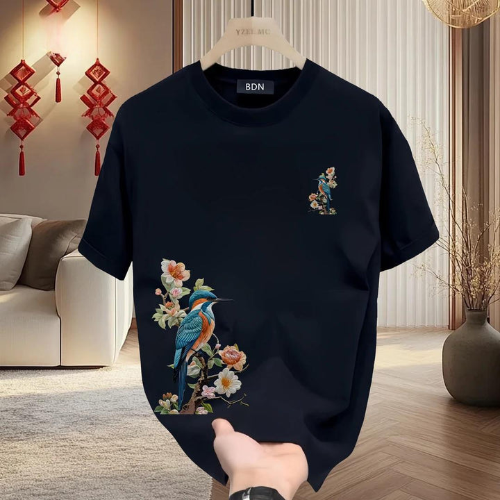 2025 New Year's New Light Luxury Clothes Short Sleeve Creative National Trend Printing Wine Red Men's Half Sleeve T-shirt Men