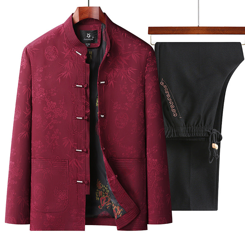 Traje Tang para hombre de otoño e invierno | Chaqueta de algodón para abuelos mayores | Abrigo polar grueso retro | Conjunto Hanfu para papá