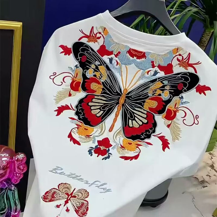 Camiseta de manga corta con estampado pesado para hombre, nueva tendencia de verano, estilo étnico nacional, bordado, manga corta, combina con todo, parte inferior blanca