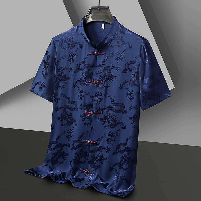 Camiseta de manga corta de alta calidad de seda de hielo de dragón, camisa de estilo chino para hombre