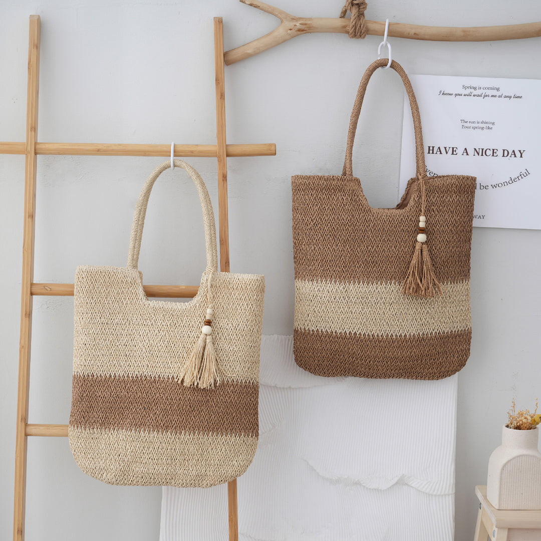 Nuevo bolso tote tejido de estilo chino para mujer: diseño con borlas, ligero y transpirable.