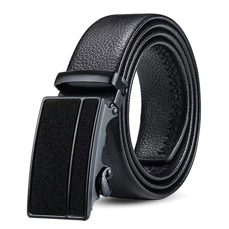 Cinturón de cuero informal de negocios para hombre: hebilla automática con diseño texturizado de grano de lichi.