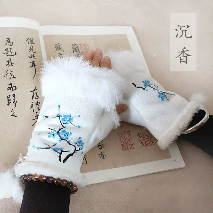Guantes de piel de conejo Qianqian Chenxiang pintados a mano, cálidos, de medio dedo, exquisitos guantes de invierno de estilo chino para mujer, regalo de Año Nuevo.