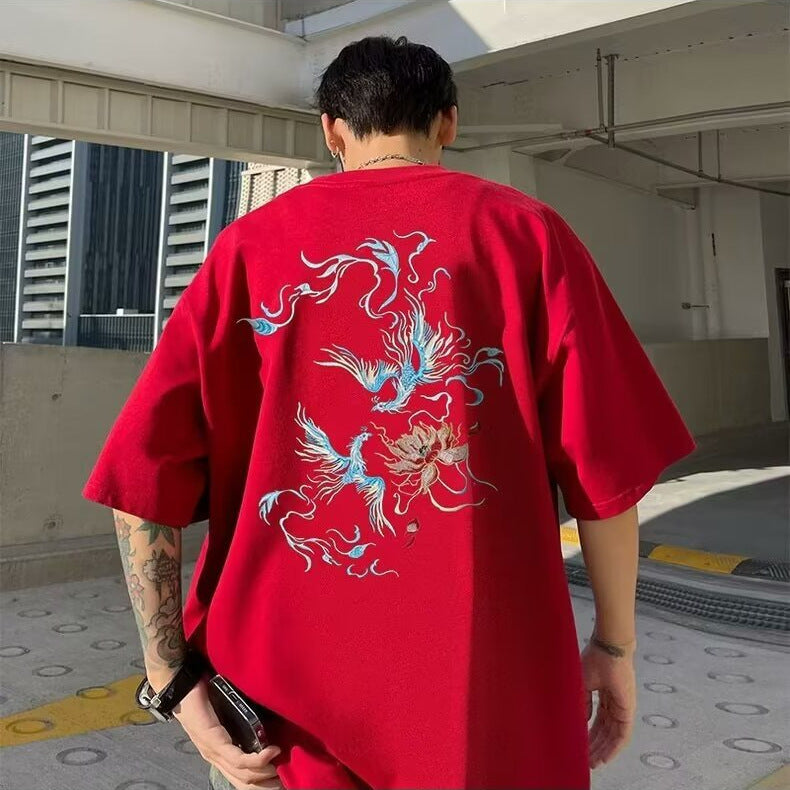 国潮中国风衣服白色纯棉短袖T恤男士宽松大码凤凰潮牌重磅半袖夏