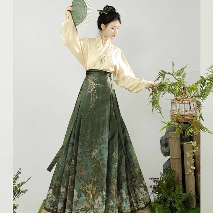 Conjunto original de falda con cara de caballo al estilo chino | Hanfu bordado "Sombras de Bambú" con cuello cruzado y mangas de avión