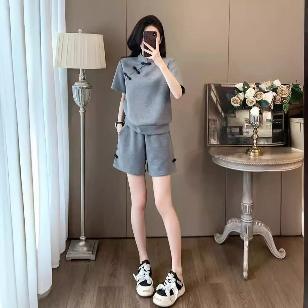 2024 Summer New Trendy Chinese Style Sports Set for Women – Stylish Button-Closure Top and Shorts Two-Piece Set