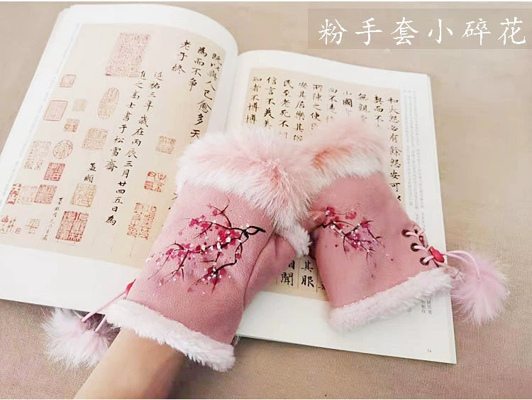 Guantes Qianqian de jade pintados a mano, de piel de conejo, cálidos, de medio dedo, hermosos guantes de invierno de estilo chino para mujer, edición de Navidad y Año Nuevo.