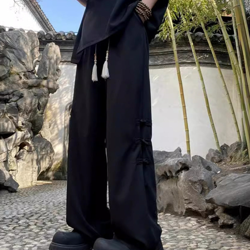 2024 Summer Men's New Chinese Style Side Button Wide-Leg Casual Pants | Trendy Loose-Fit Draped Trousers