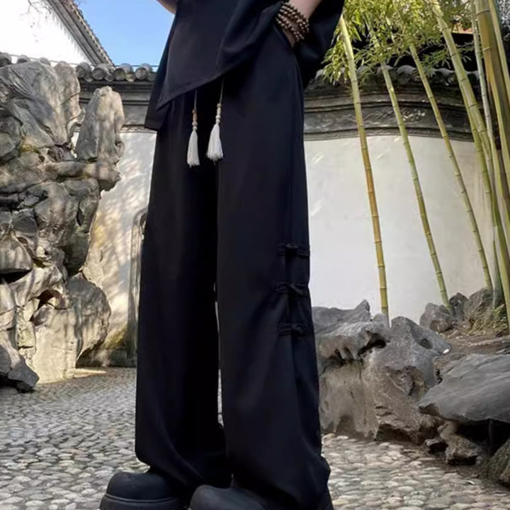 2024 Summer Men's New Chinese Style Side Button Wide-Leg Casual Pants | Trendy Loose-Fit Draped Trousers