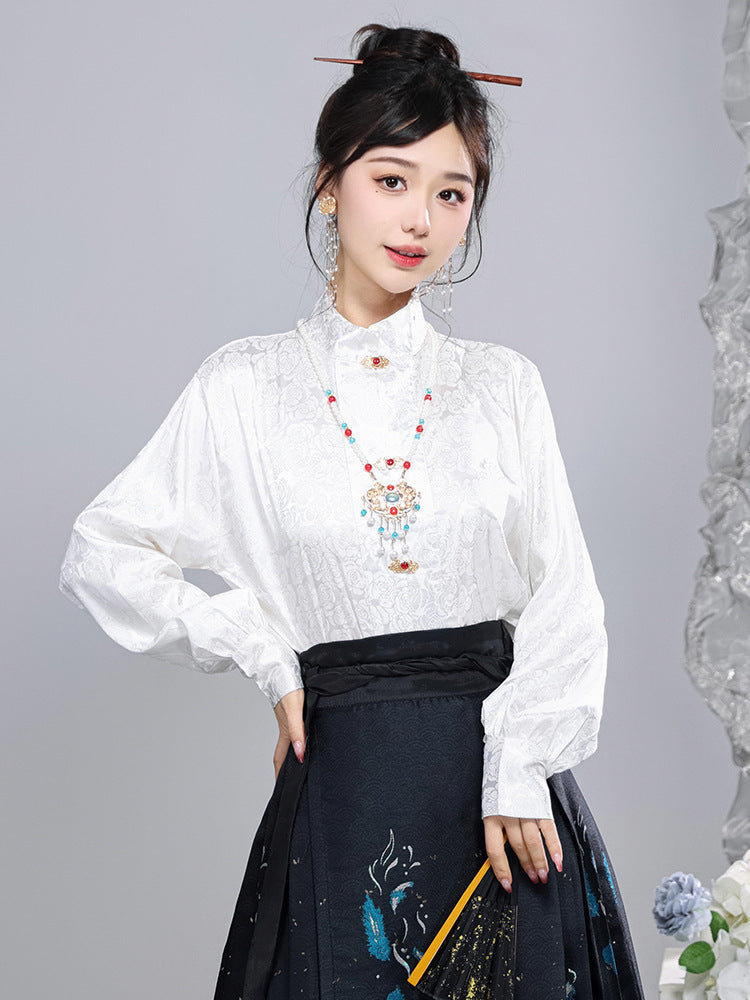 Qing Fenghuang Chinese Mamen Skirt Set | Modernized Hanfu with Gold-Weave Floral Design
