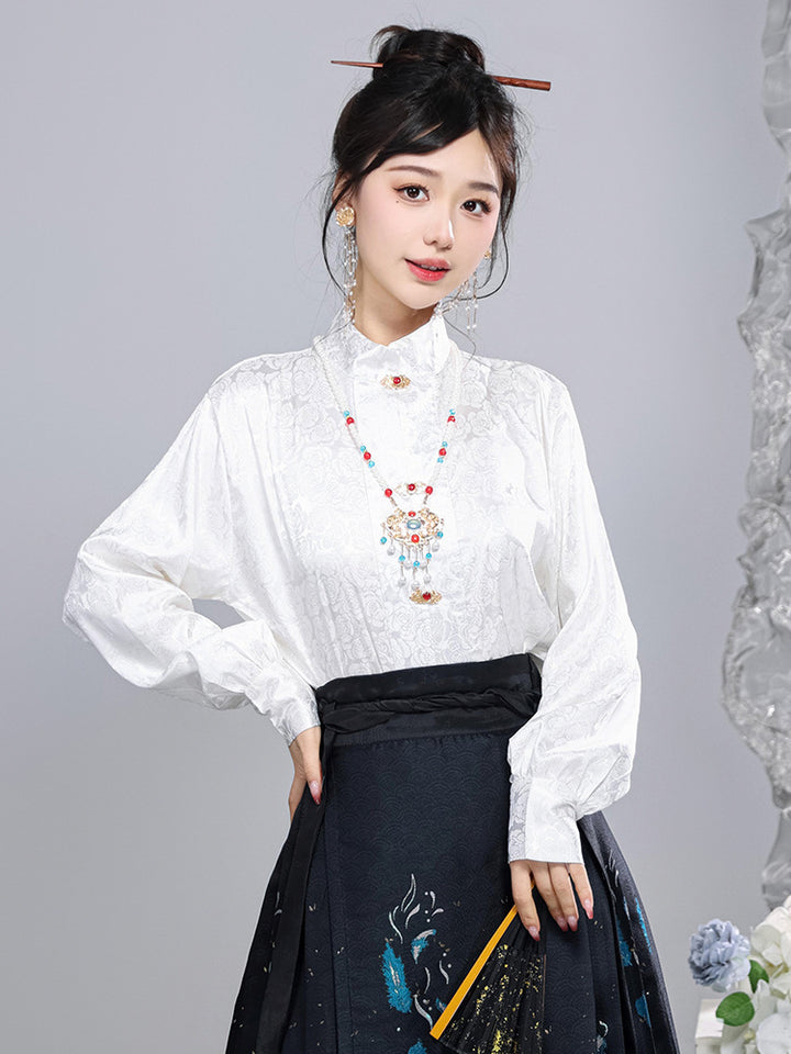 Qing Fenghuang Chinese Mamen Skirt Set | Modernized Hanfu with Gold-Weave Floral Design