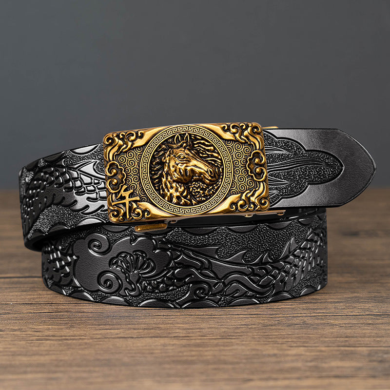 Nueva oferta: Cinturón con hebilla automática del zodiaco y grabado de dragón, de piel de vacuno de doble capa, moderno, informal y con un diseño atrevido.