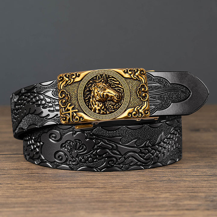 Nueva oferta: Cinturón con hebilla automática del zodiaco y grabado de dragón, de piel de vacuno de doble capa, moderno, informal y con un diseño atrevido.