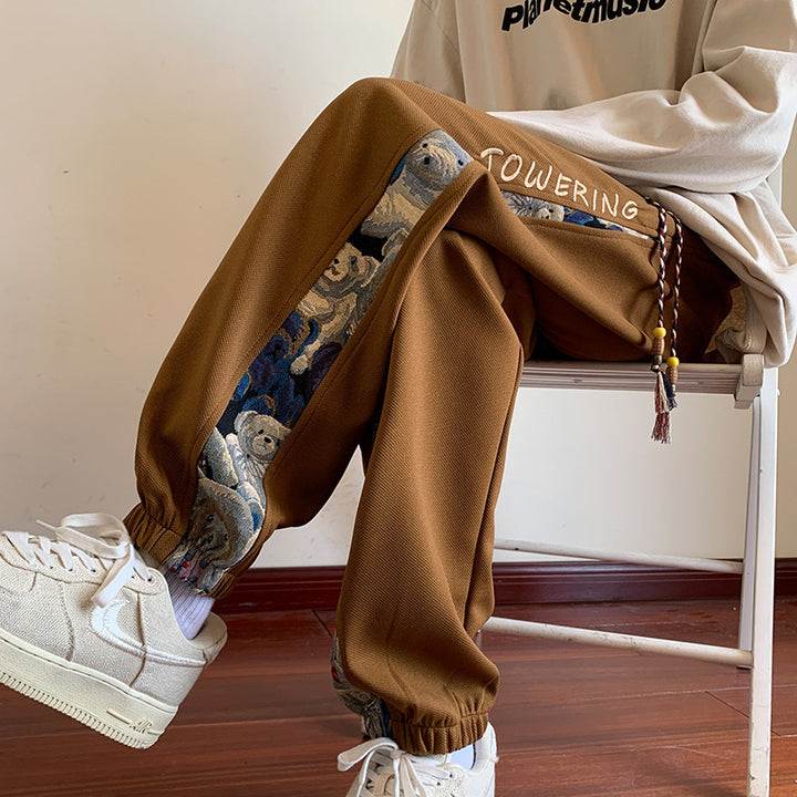 Pantalones casuales bordados de tendencia china para hombre | Edición primavera/otoño | Pantalones deportivos holgados con dobladillo | Pantalones deportivos modernos y versátiles
