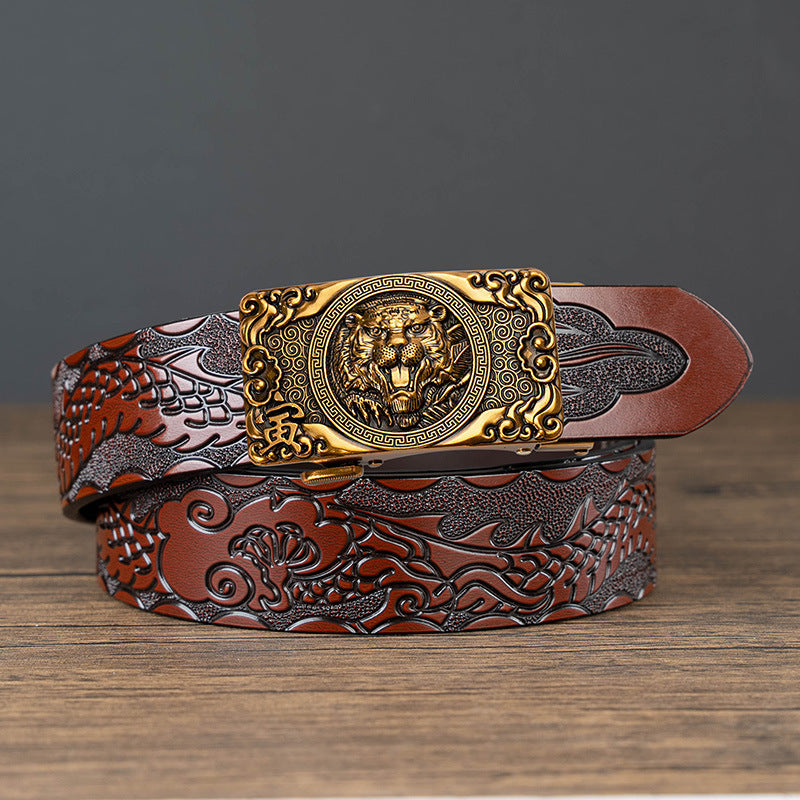 Nueva oferta: Cinturón con hebilla automática del zodiaco y grabado de dragón, de piel de vacuno de doble capa, moderno, informal y con un diseño atrevido.