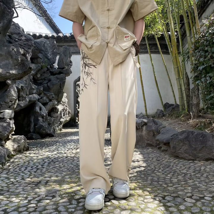 Pantalones de vestir con bordado de bambú estilo chino para hombre | Pantalones rectos, holgados y de pierna ancha, de moda para primavera y otoño