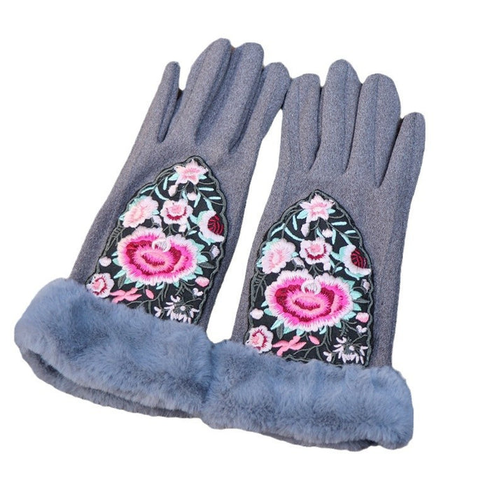 Guantes para pantalla táctil bordados de estilo étnico de Yunnan: calidez invernal con forro polar