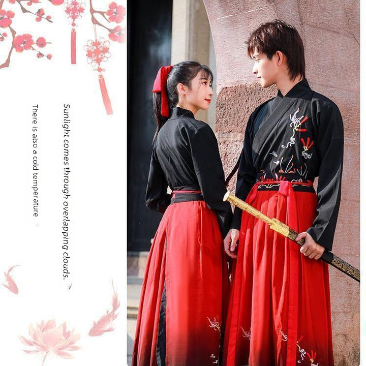 Red and black Hanfu men's martial arts suits, ancient costumes, knights and scholars, men's ancient fairy couple costumes