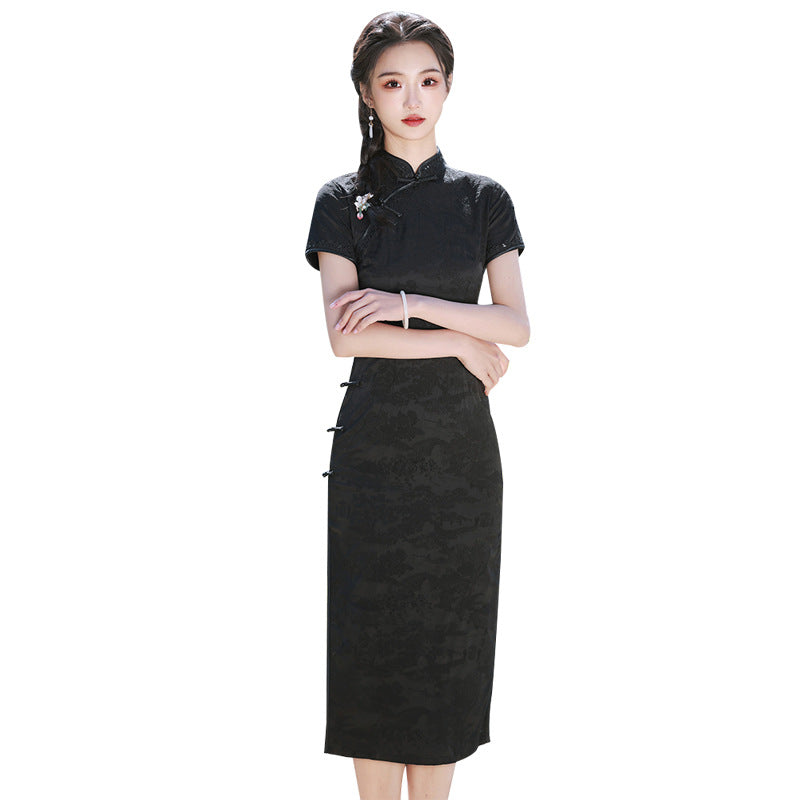 Cheongsam negro de verano mejorado, nuevo, de temperamento delgado, estilo medio y largo, se puede usar en banquetes, vestido estilo Chanel.