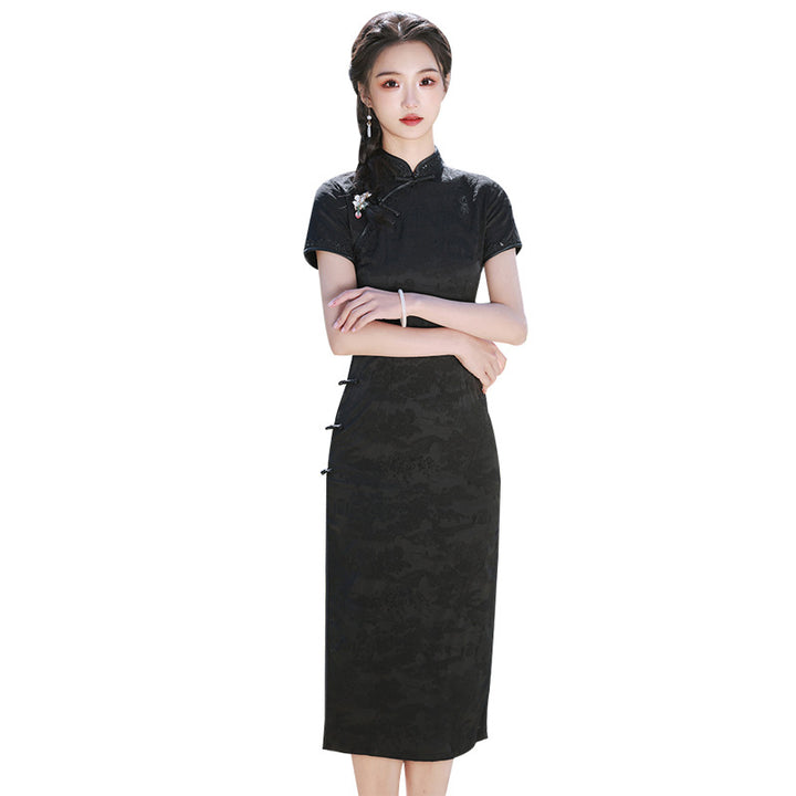 Cheongsam negro de verano mejorado, nuevo, de temperamento delgado, estilo medio y largo, se puede usar en banquetes, vestido estilo Chanel.