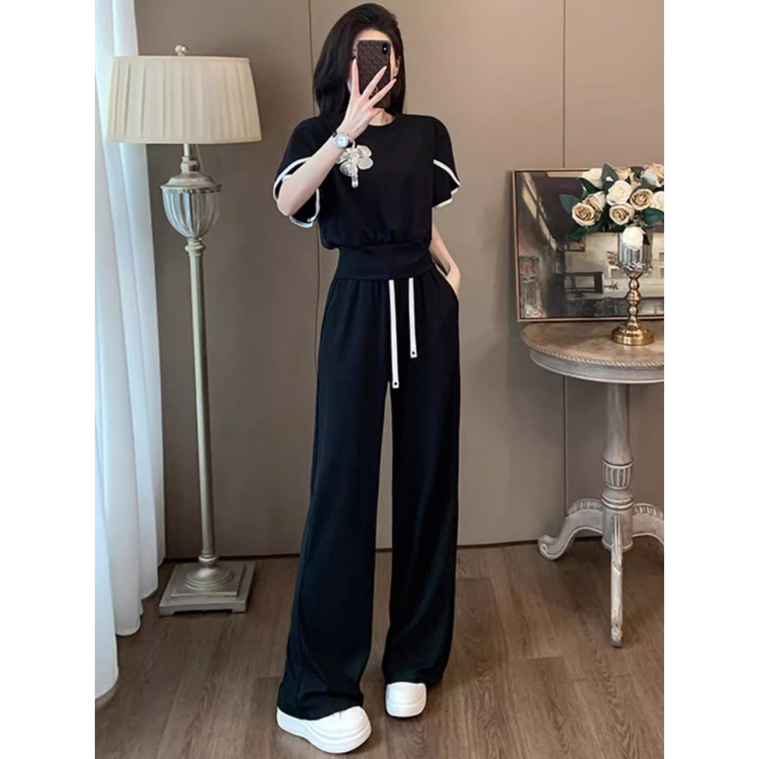 2024 Summer New Collection – Chinese Style Short Sleeve Set for Women, Fashionable & Elegant Casual Sports Set with Wide-Legged Pants, Two-Piece Set
