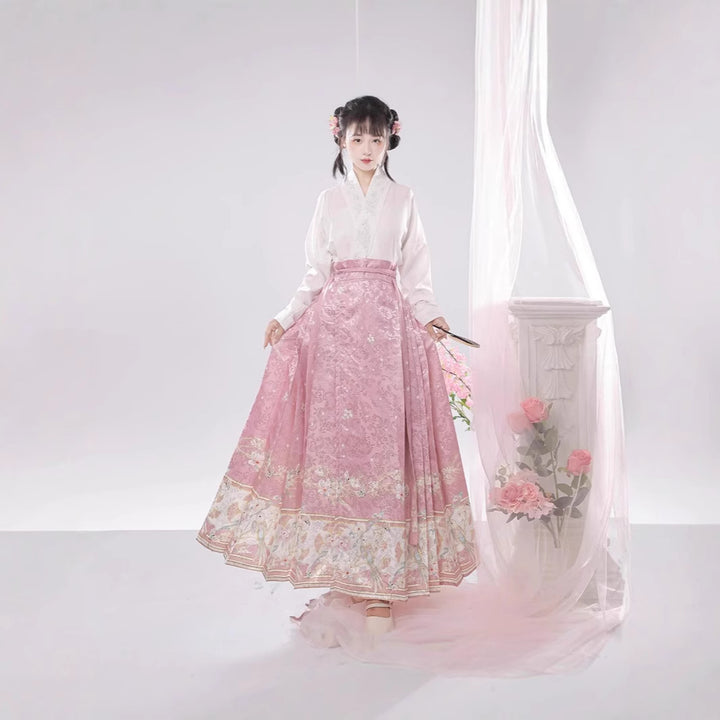 Traje de falda con cara de caballo estilo chino con mangas de avión y cuello cruzado bordado de la dinastía Ming para mujer de Hanfu original, ajustado para uso diario
