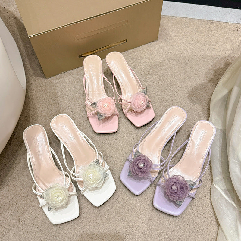 2025 Spring New Women's Shoes New Chinese Cheongsam High Heels Retro Temperament Purple Rose Slippers Women's Outdoor Wear