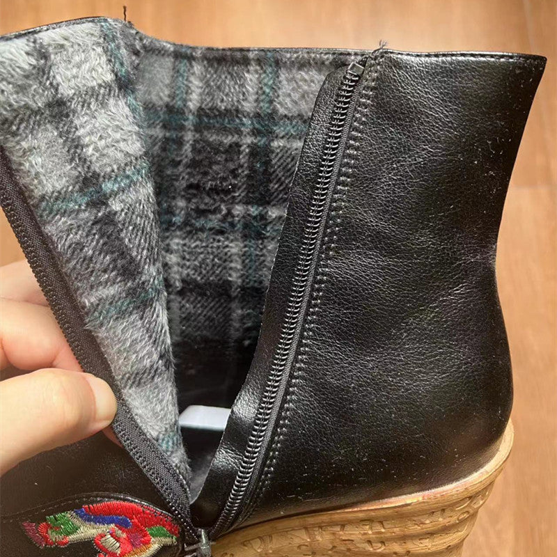 Botas de tobillo de corte medio bordadas estilo chino, botas casuales de cuña de cuero genuino con bordado de cremallera lateral, botas de tacón alto con punta puntiaguda