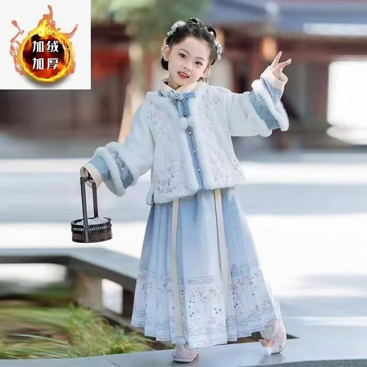 Hanfu de invierno para niña | Traje festivo con forro polar | Traje Tang estilo chino con falda Ma Mian | Ropa de invierno gruesa