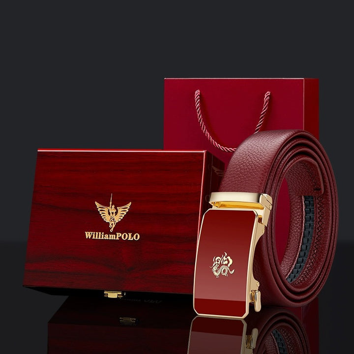 Cinturón de cuero para hombre Paul – Año del Dragón, hebilla automática del zodiaco, cuero genuino, color rojo, nuevo estilo 2024, regalo de boda, venta al por mayor