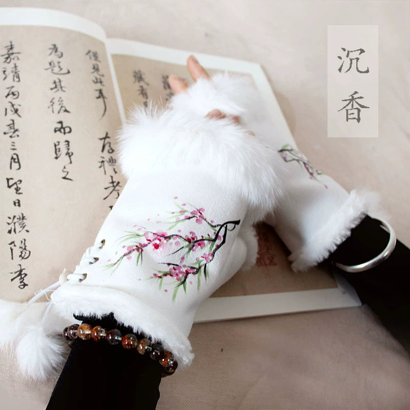 Guantes de piel de conejo Qianqian Chenxiang pintados a mano, cálidos, de medio dedo, exquisitos guantes de invierno de estilo chino para mujer, regalo de Año Nuevo.